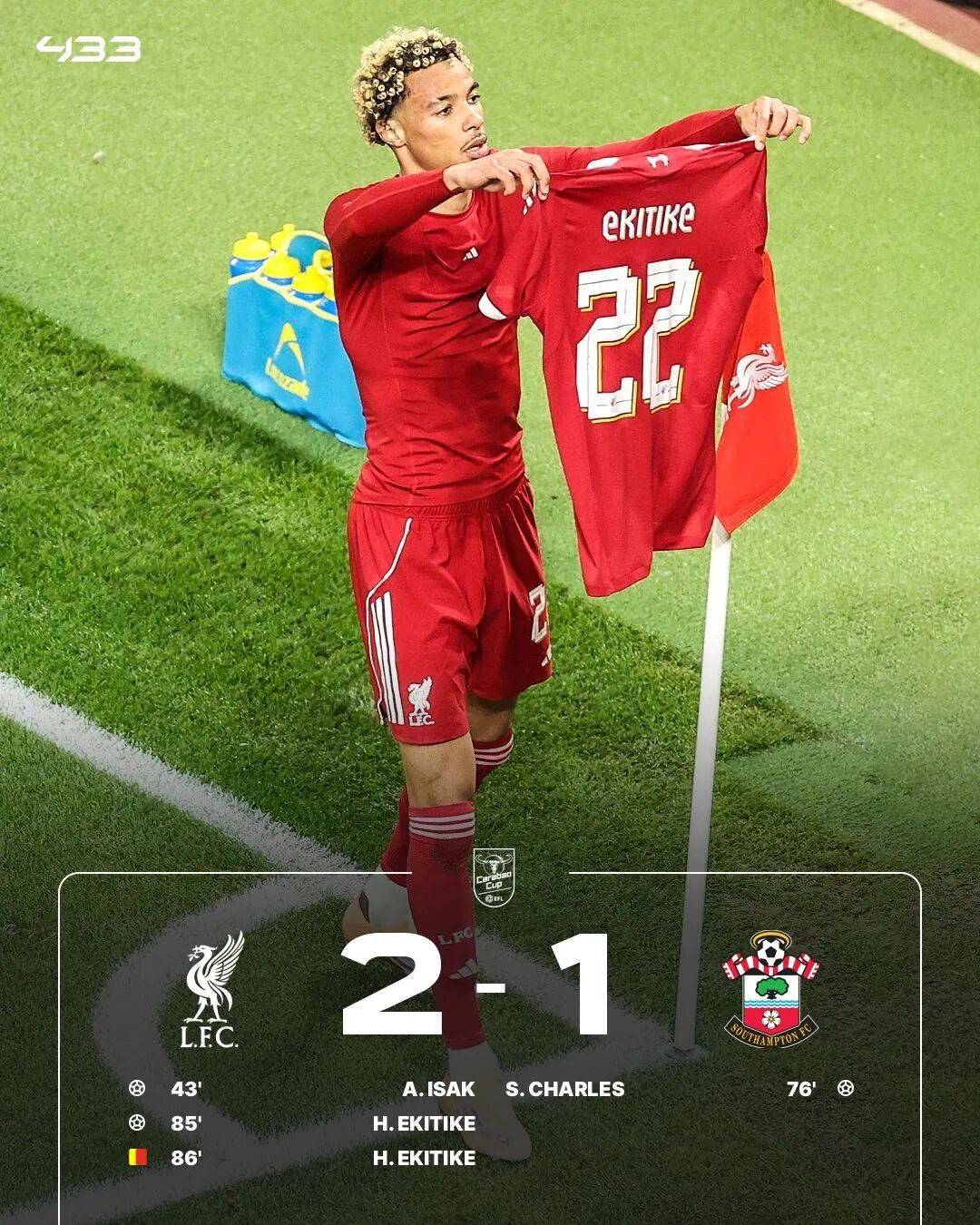 利物浦2-1南安普顿:双中锋破门 埃基蒂克无脑染红